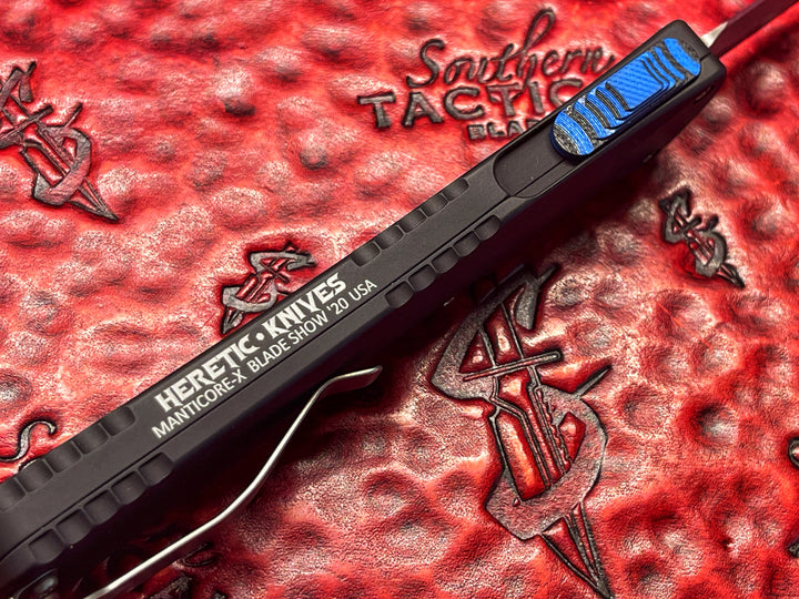 Heretic Knives Manticore X Blade Show Special 2020, Double Edge Stonewash, Blue G10 Button, Double Action OTF