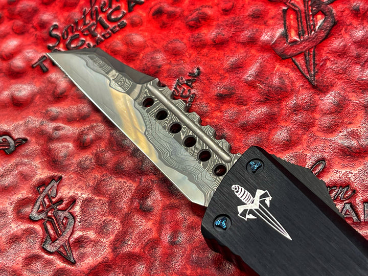 Marfione Custom Knives Combat Troodon Warhound Chad Nichols Damascus Blue Ringed Titanium Hardware