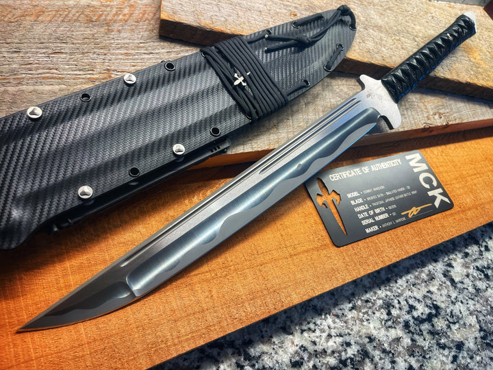 Marfione Custom Combat Wakizashi, Brushed Satin D2, Simulated Hamon Traditional Japanese Leather Battle Wrap, Fixed Blade