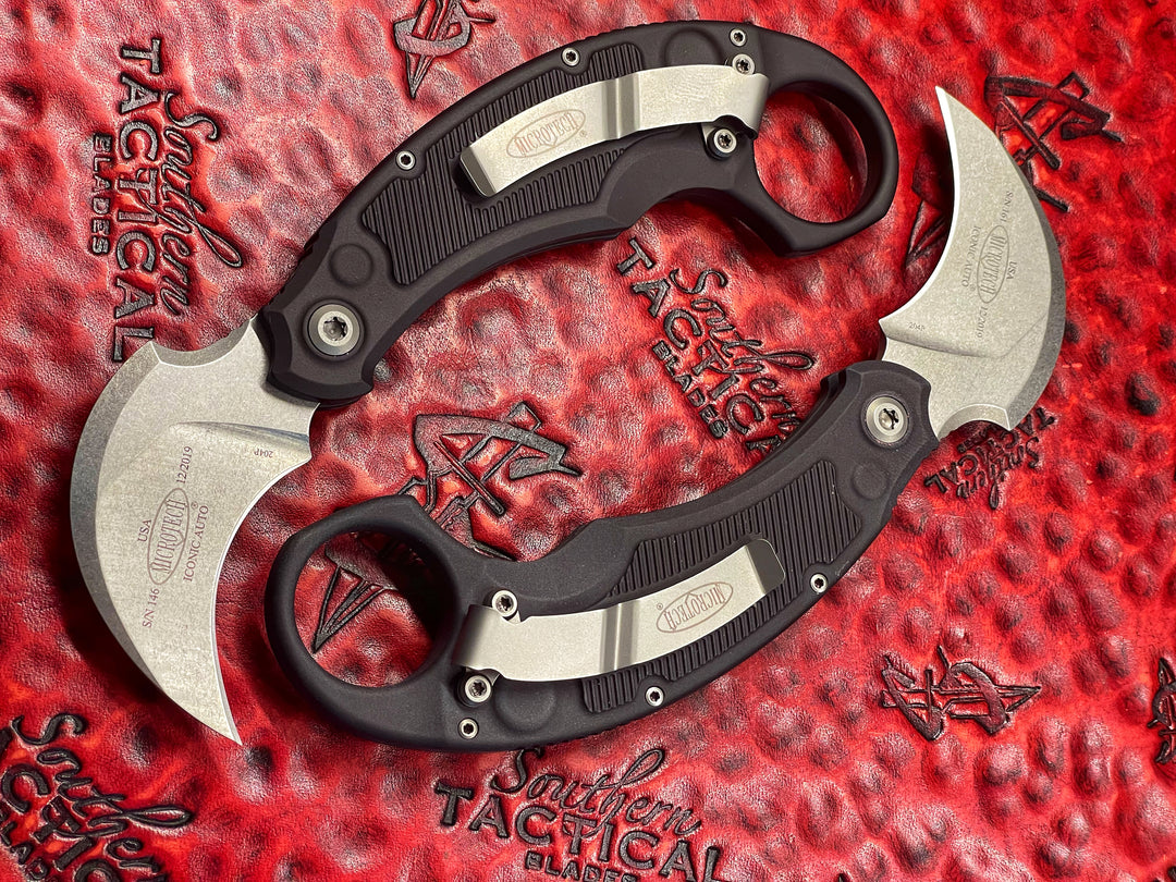 Microtech Knives / Bastinelli Knives Iconic Auto Karambit Stonewash Standard (Non Safety)