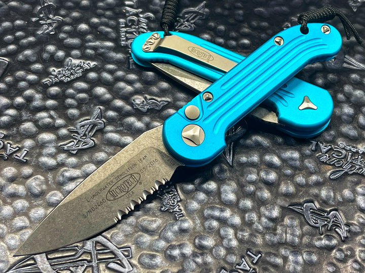 Microtech LUDT Single Edge STonewash Part Serrated Turquoise automatic OTS knife