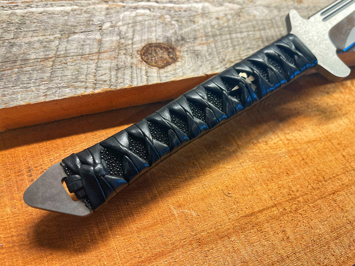 Marfione Custom Combat Wakizashi, Brushed Satin D2, Simulated Hamon Traditional Japanese Leather Battle Wrap, Fixed Blade