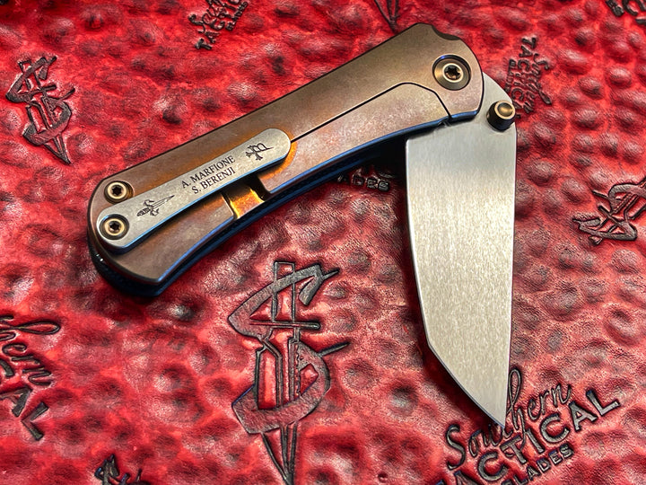 Marfione Custom Knives / Borka Blades Collaboration SBTF Satin Tanto Chisel Grind, G10, Bronze Titanium, Bronze Titanium Accents