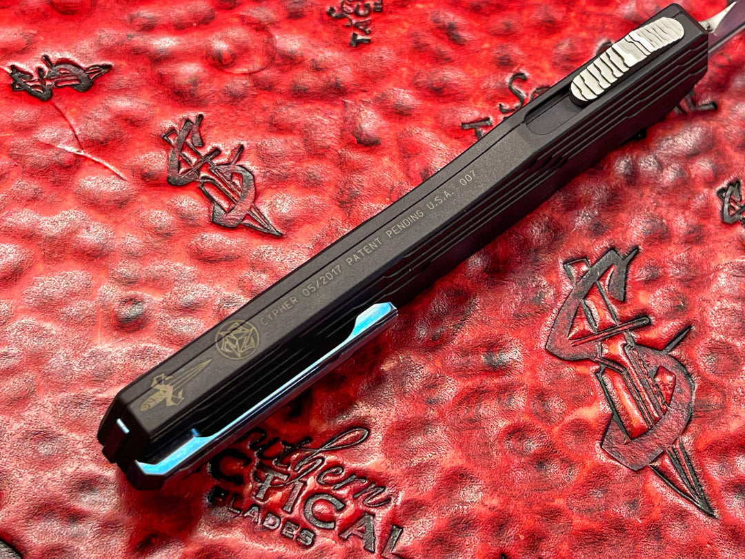 Marfione Custom Cypher, Double Edge, Hand Rubbed Satin, Stepped Alloy Chassis, Blue Titanium accents, double action OTF Knife