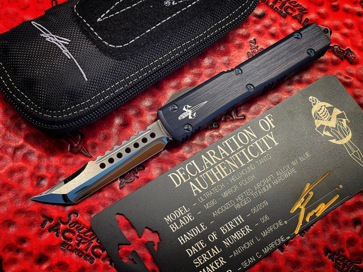 Marfione Custom Hellhound Tanto Mirror Polished, hefted Alloy Chassis, Blue Ringed Titanium Accents