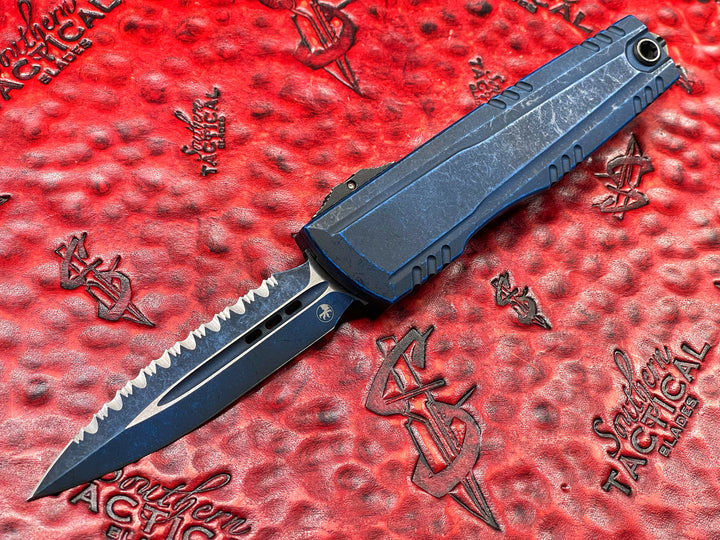 Microtech Luminary ZBP Double Edge Signature Series Weathered Blue Full Serrated Tritium Button Insert, (PRE OWNED) Double Action OTF Knife