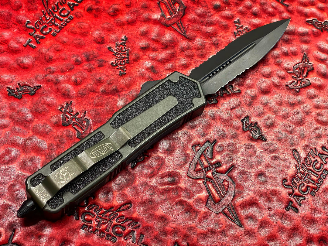 Vintage Microtech Quick Deploy Scarab, Double Edge, Part Serrated OD Green Tactical, Double Action OTF