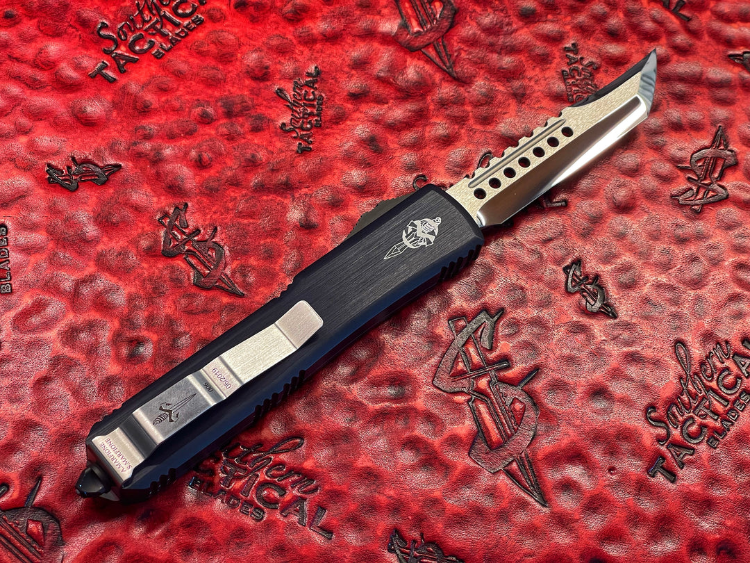 Marfione Custom Hellhound Tanto Mirror Polished, hefted Alloy Chassis, Blue Ringed Titanium Accents