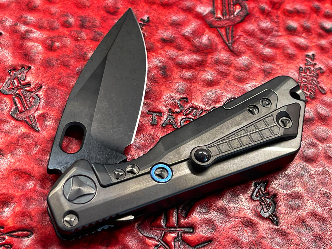 Marfione Custom Knives MSG 3 - Strider Knives Collaboration Knife DLC Two-Tone, DLC Double Vapor Blast Frag Pattern Titanium Body, Blue Ti OverTravel, DLC Ti Hardware