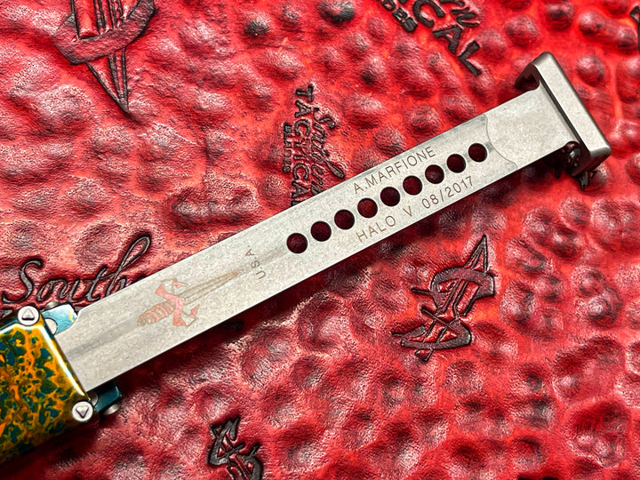 Marfione Custom HALO V, Single Edge Mirror Polished, Splash Anodize Alloy, Single Action OTF Knife