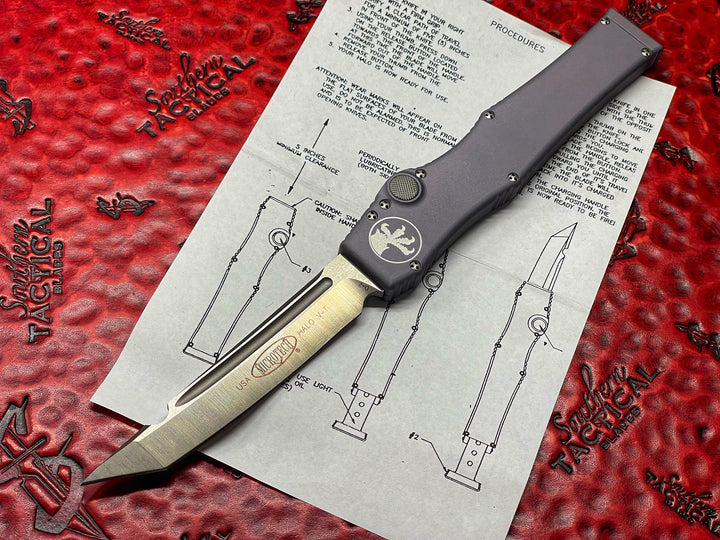 Microtech Knives Vintage HALO V Tanto Edge, Satin Standard Grey, Single Action OTF