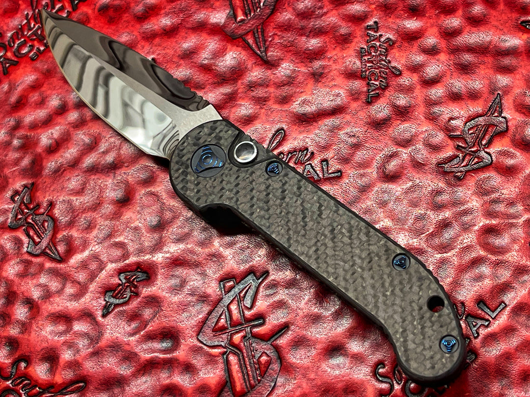 MARFIONE Custom LUDT Single Edge, Mirror Polished, Carbon Fiber Scales, Blue Ringed Titanium Accents Automatic OTS Knife