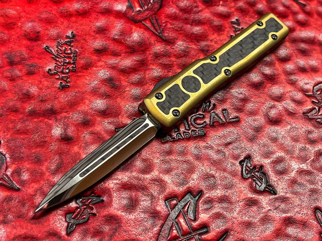 MARFIONE custom knives UTX-70, Mirror polished w/ Carbon fiber inlay, two tone brass w/ carbon fiber inlay, double action OTF Knife