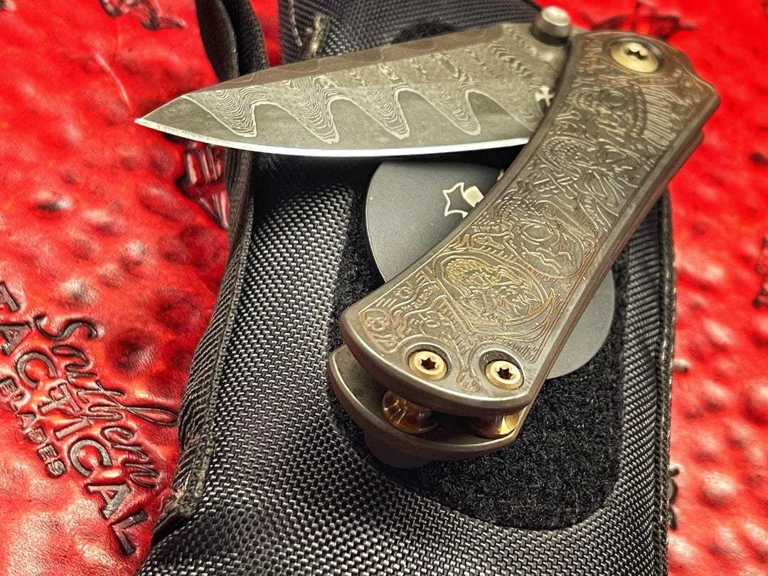 Borka Blades SBDP, Drop Point Grind, Vegas Forge Nitro V Core Damascus, Ti2 Four Horsemen Titanium Scales, Manual Folding Knife
