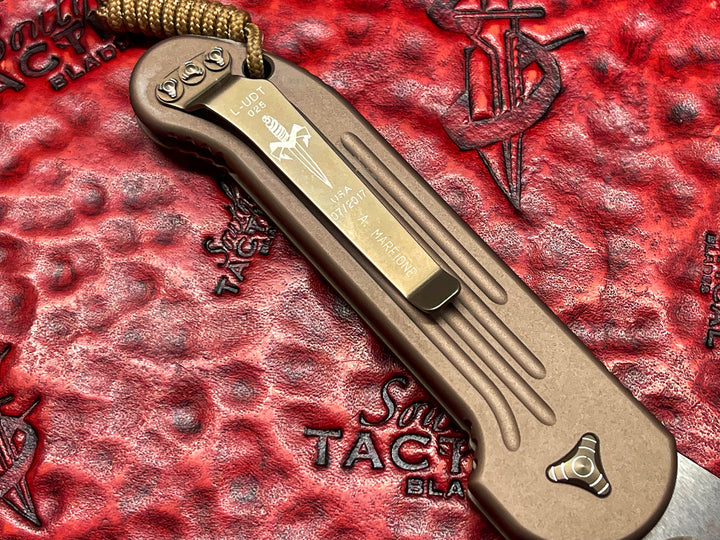 MARFIONE Custom LUDT Single Edge Two Tone Bronze Stonewash, Tan scales, Bronzed Titanium Accents automatic OTS Knife