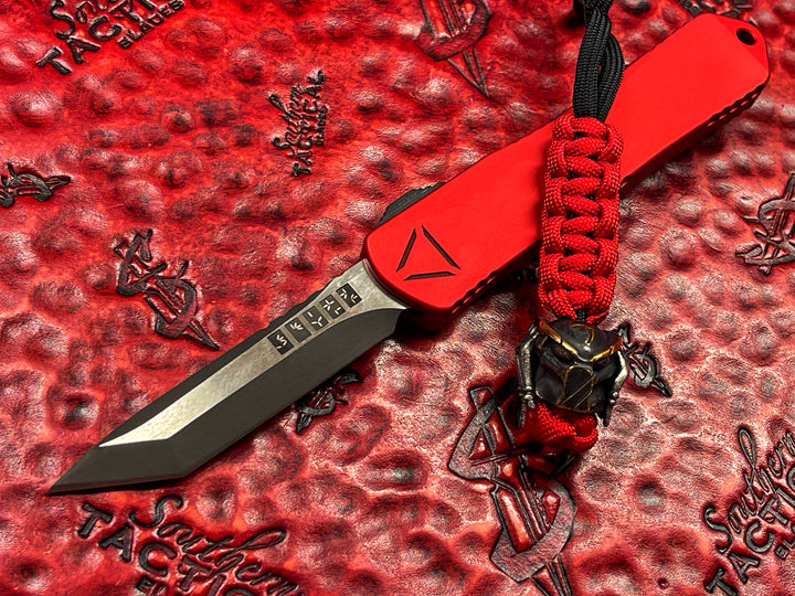 Heretic Knives Manticore E PREDATOR Themed Tanto Edge DLC, In Red with Harding Inc Silver and Copper Predator Bead