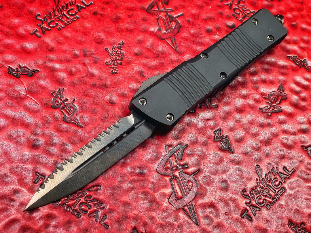 Microtech Combat Troodon, Double Edge, Full Serrated DLC Tactical Shadow, Double Action OTF Knife Serial #002