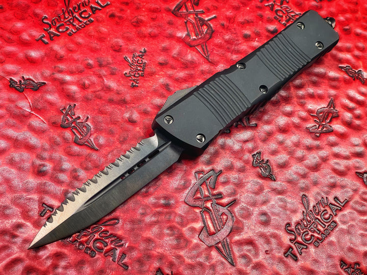 Microtech Combat Troodon, Double Edge, Full Serrated DLC Tactical Shadow, Double Action OTF Knife Serial #002