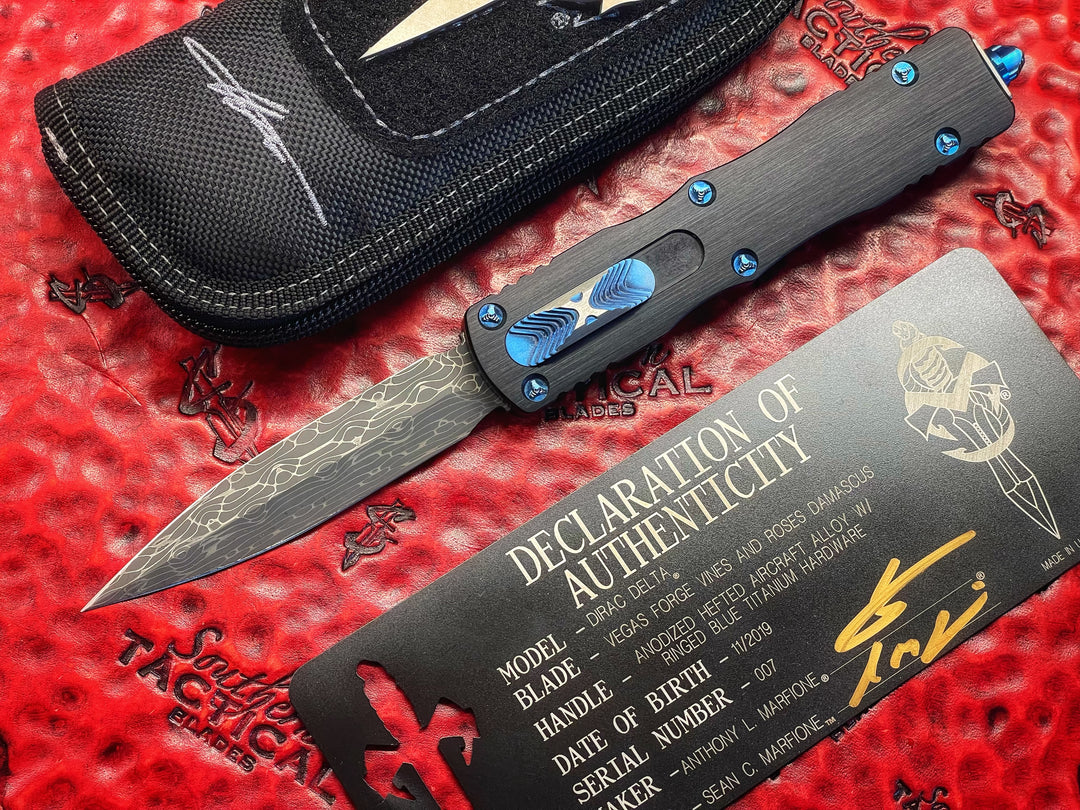 Marfione Custom Dirac Delta, Double Edge Spike Grind, Vine and Rose Damascus, Blue Titanium Accents, Double Action OTF Knife