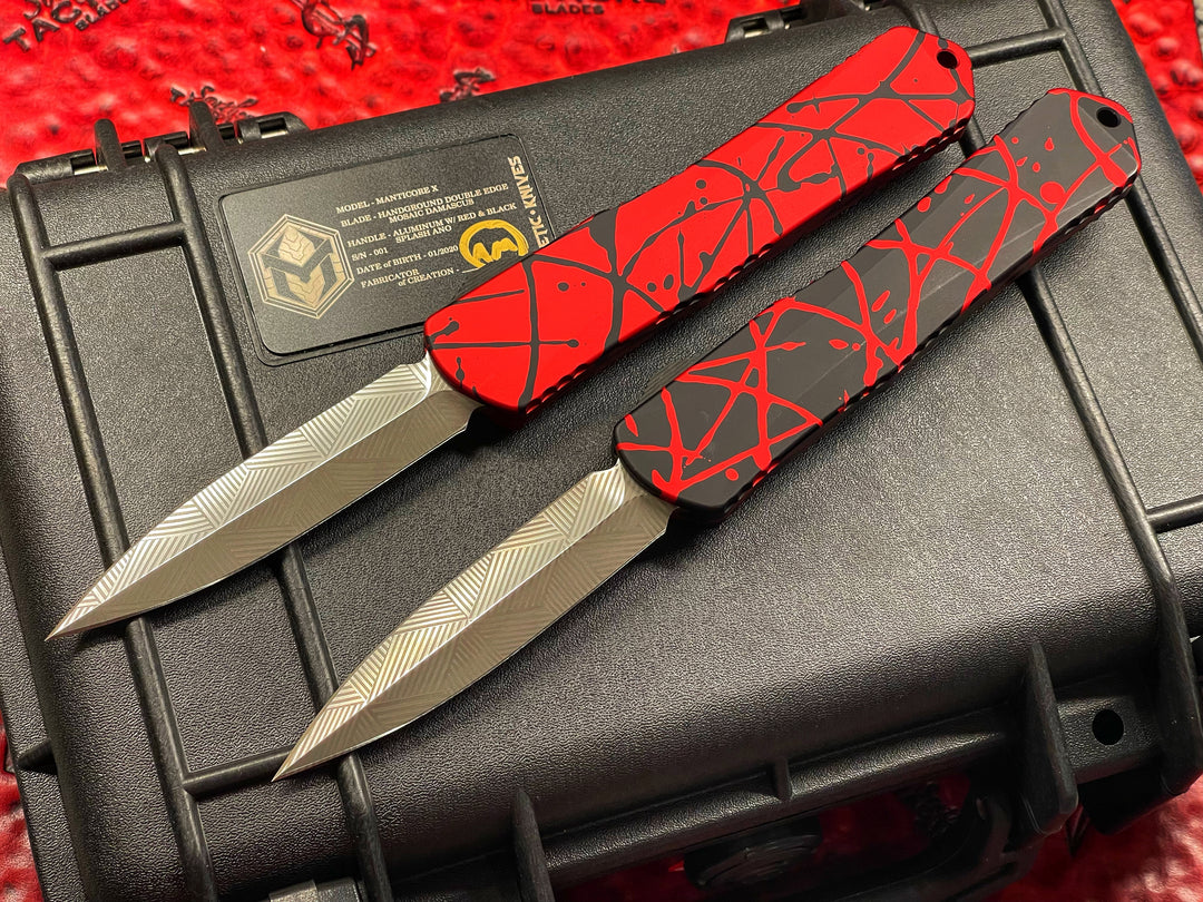 Heretic Knives Manticore X Splash Set of 4, Mosaic Damascus, Splash anodizing, specially packaged serial #001 Double action OTF Knives
