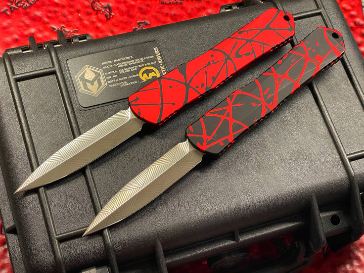 Heretic Knives Manticore X Splash Set of 4, Mosaic Damascus, Splash anodizing, specially packaged serial #001 Double action OTF Knives