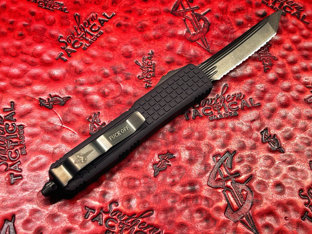 Microtech Ultratech “Fuck Off” Family Only, Delta Frag Tanto Full Serrated DLC, Shadow Double Action OTF Knife