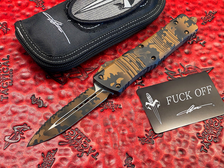 Marfione Custom Knives Combat Troodon, Double Edge, Full Serrated, Coyote Camo Cerakote, “Fuck Off” F/O (Family Only) Pocket Clip. Personal Carry Knife of Tony Marfione.