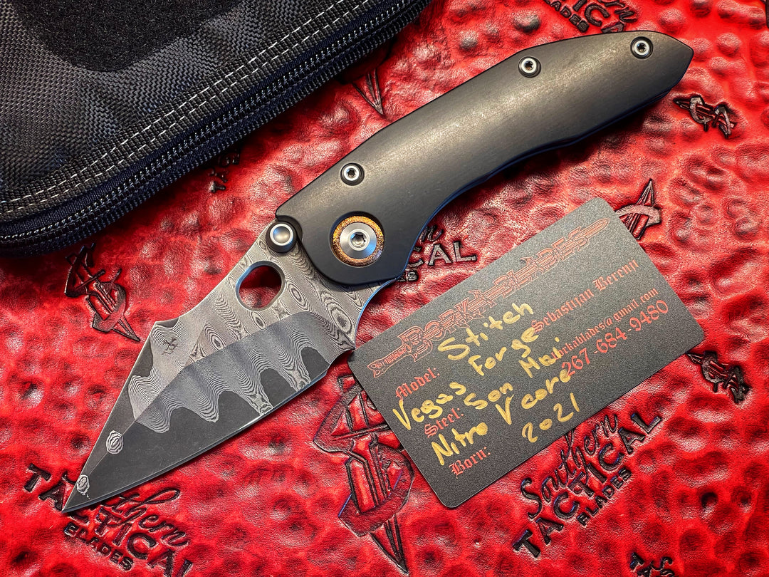Borka Blades Stitch Custom Damascus Folding Knife Vegas Forge San Mai Nitro V-Core Blade