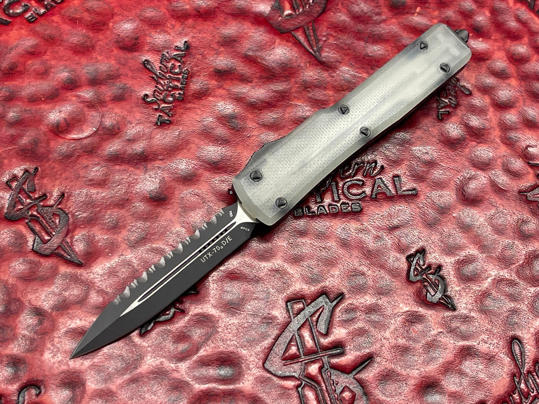 Microtech “Fuck Off” Set, w/ Ultratech, UTX-85, and UTX-70, Double Edge, Full Serrated w/ Jade Green G10 Top Double Action OTF Knives