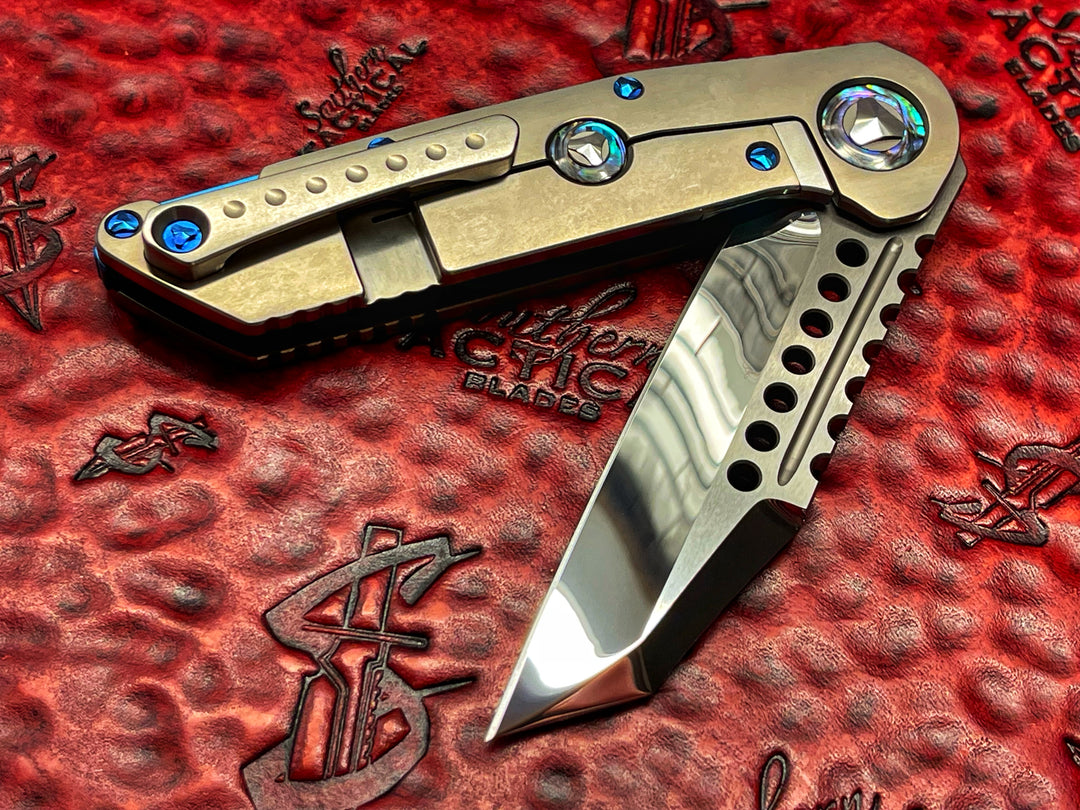 Marfione Custom Warhound Folder Mirror Polished Hand Rubbed Satin Titanium with Abalone In-Lay Blue Titanium and Abalone Accents