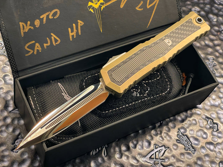 MARFIONE Custom Atreus Prototype 1 of 3, Double Edge Mirror polished, Sand Anodized Aluminum Chassis, Carbon Fiber and Titanium Accents, Double Action OTF