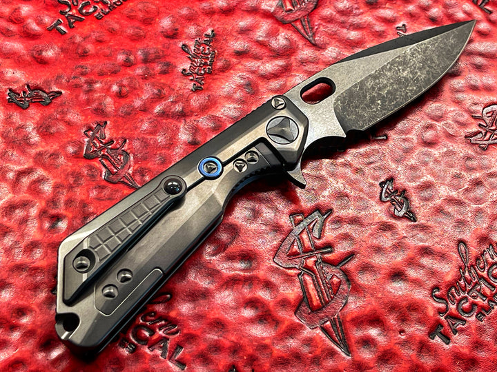 Marfione Custom Knives MSG 3 - Strider Knives Collaboration Knife DLC Two-Tone, DLC Double Vapor Blast Frag Pattern Titanium Body, Blue Ti OverTravel, DLC Ti Hardware