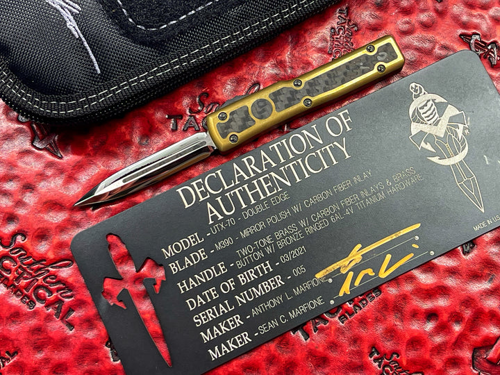 MARFIONE custom knives UTX-70, Mirror polished w/ Carbon fiber inlay, two tone brass w/ carbon fiber inlay, double action OTF Knife
