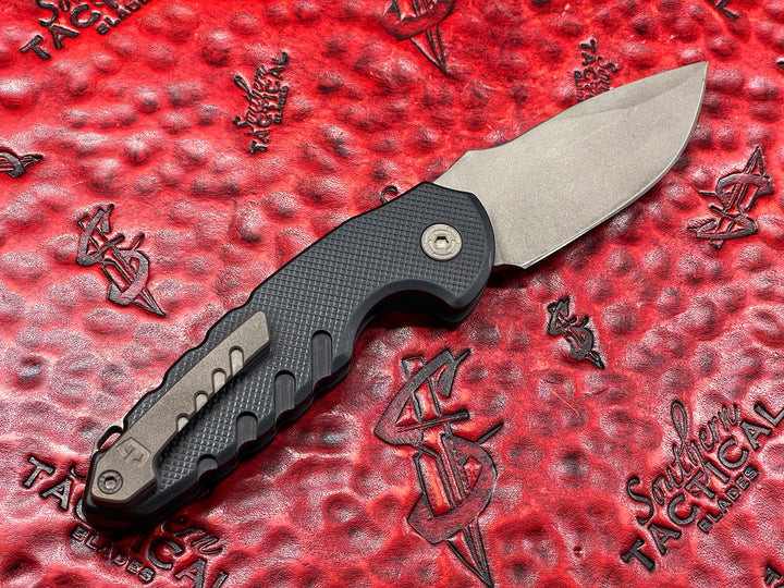 Blackside Customs Bad Idea OTS Automatic Folding Knife, Grey Matter Magnacut Blade, Black Anodized Aluminum