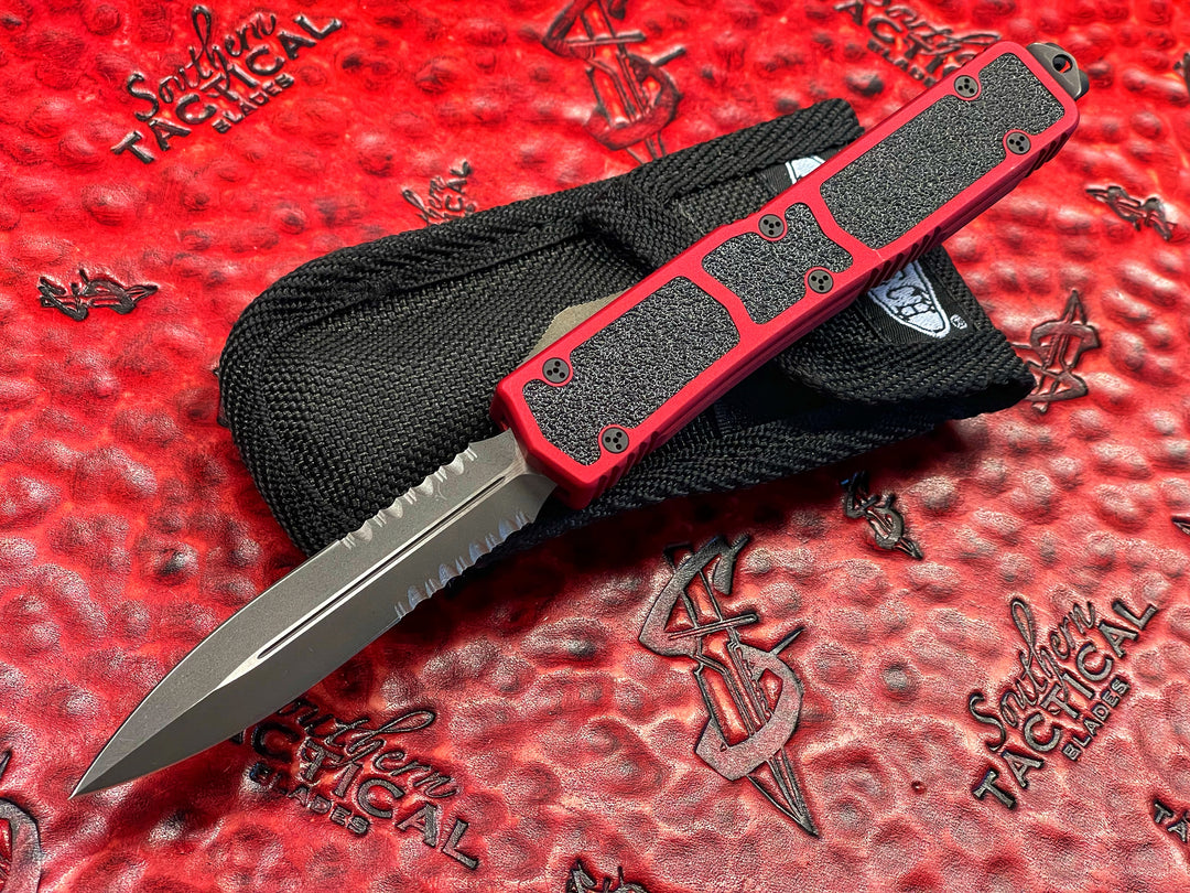 Vintage Microtech Knives Makora, Double Edge Part Serrated, Red Double Action OTF
