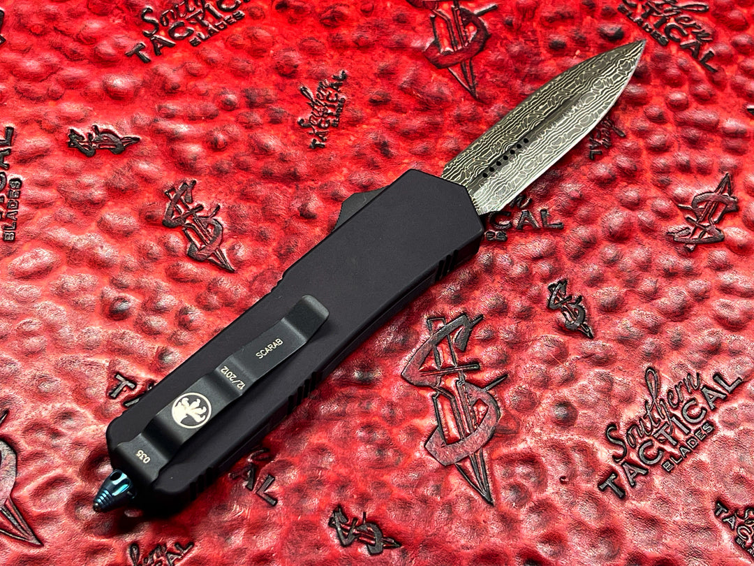 Vintage Microtech Scarab Double Edge, Stainless Steel Damascus, Carbon Fiber Top, Blued Titanium Hardware, Double Action OTF Knife