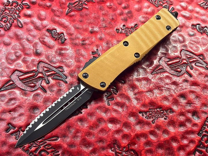 Microtech Troodon Double Edge, Tan G10 Top, Full Serrated Signature Series serial #002