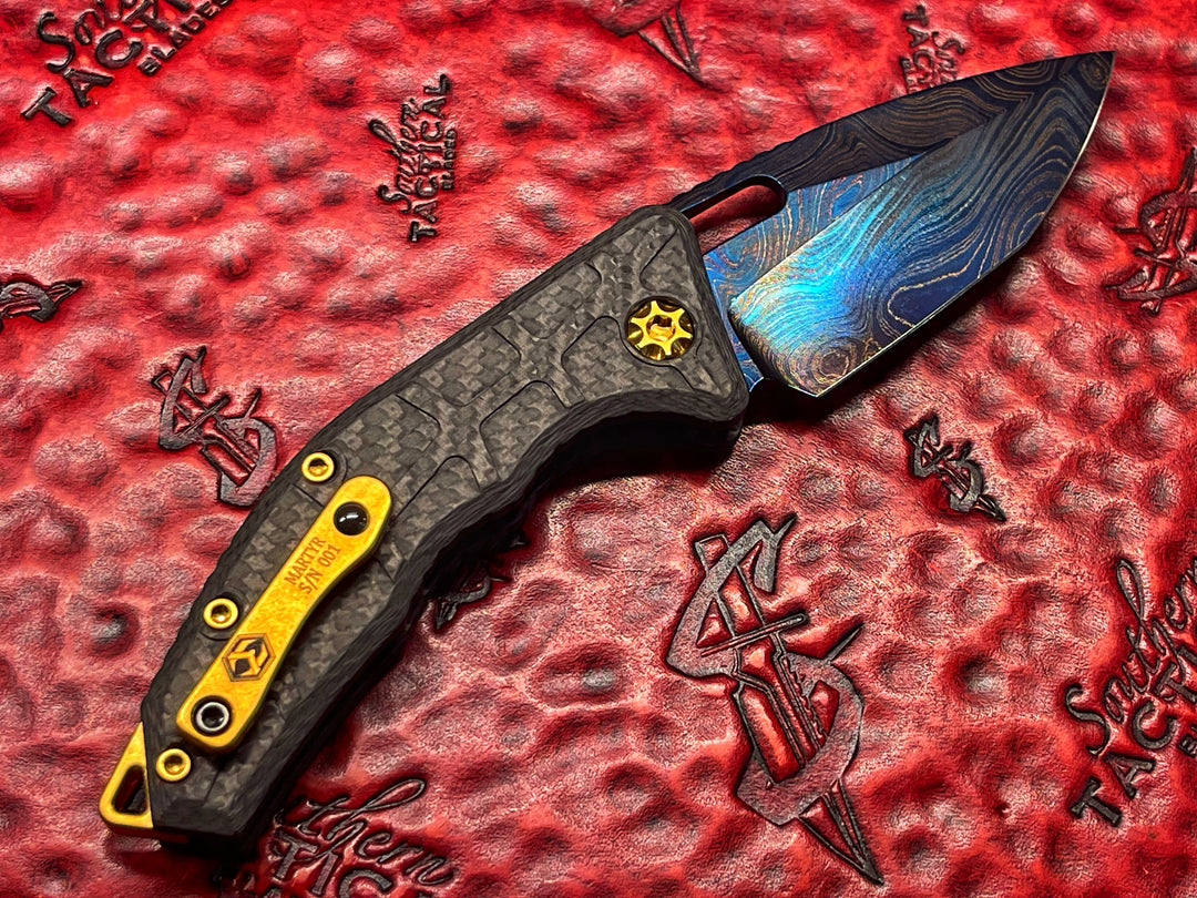 Heretic Knives Martyr Auto, Blued Damascus Blade, TiN Accents, Carbon Fiber Scales