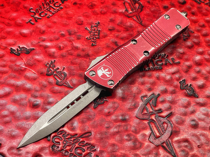 Microtech Troodon Double Edge Apocalyptic Distressed Merlot Standard, Double Action OTF Knife