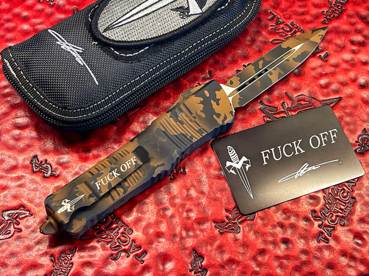 Marfione Custom Knives Combat Troodon, Double Edge, Full Serrated, Coyote Camo Cerakote, “Fuck Off” F/O (Family Only) Pocket Clip. Personal Carry Knife of Tony Marfione.