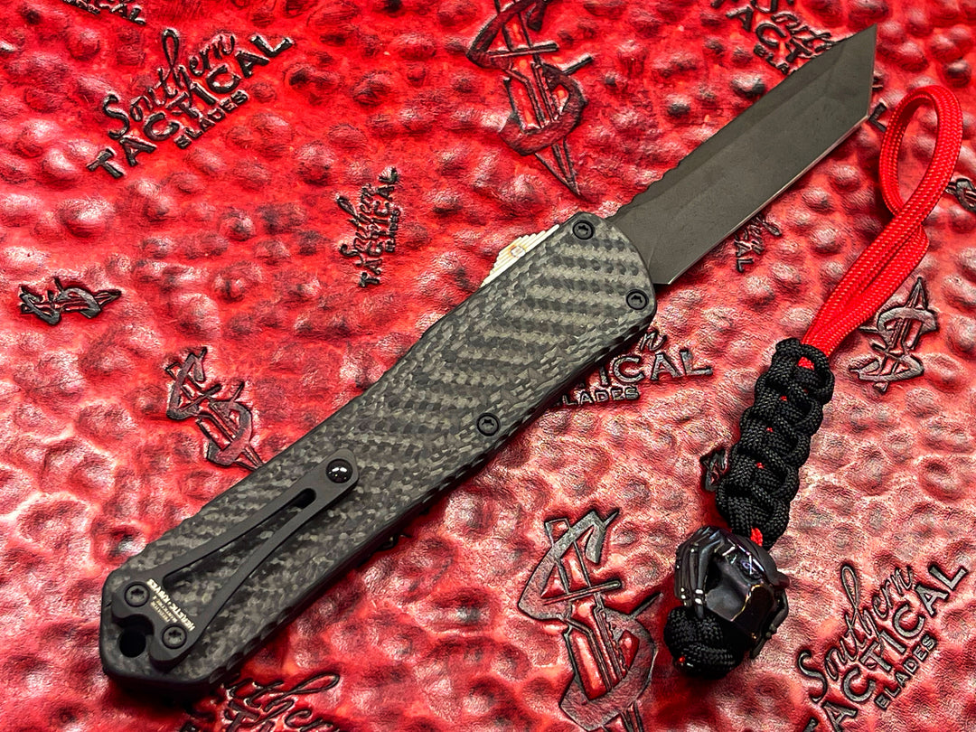 Heretic Knives Manticore X Tanto DLC  Predator Edition w/ Carbon Fiber Back and Flamed Ti Accents. Cobalt Predator Bead