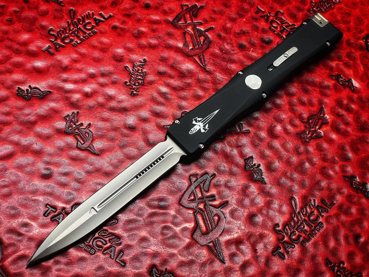 MARFIONE Custom Knives Vintage Nemesis IV, Hand Ground Bead Blast Double Edge Standard, Aluminum Chassis, Single Action OTF