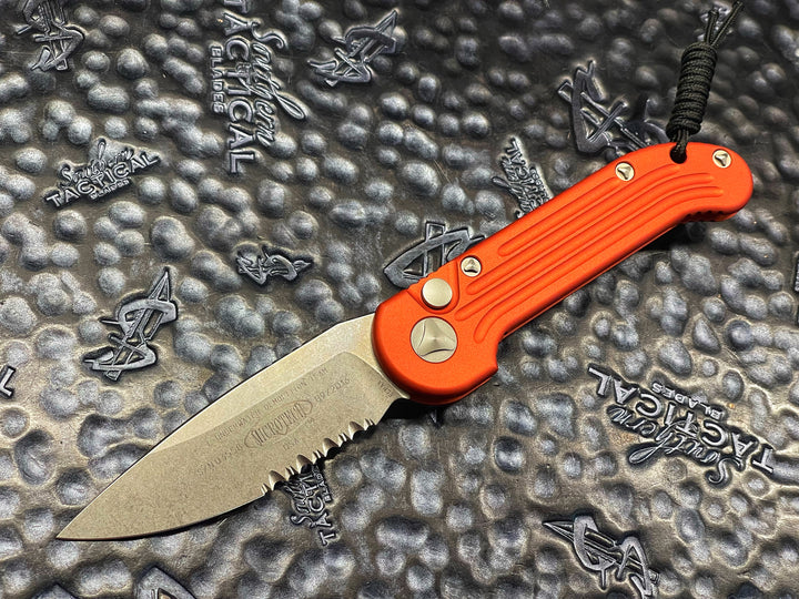 Microtech LUDT Single Edge Stonewash Part Serrated Orange Automatic OTS Knife