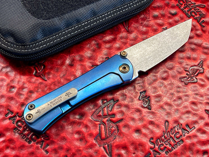 Marfione Custom Knives / Borka Blades Collaboration SBTF Satin Tanto Chisel Grind, G10, Blue Titanium, Bronze Titanium Accents