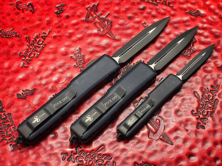 Microtech “Fuck Off” Set, w/ Ultratech, UTX-85, and UTX-70, Double Edge, Full Serrated w/ Jade Green G10 Top Double Action OTF Knives