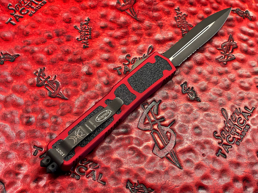 Vintage Microtech Knives Makora, Double Edge Part Serrated, Red Double Action OTF