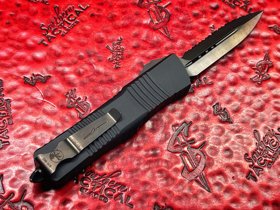 Microtech Combat Troodon, Double Edge, Full Serrated DLC Tactical Shadow, Double Action OTF Knife Serial #002