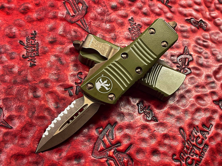 Microtech Mini Troodon Double Edge Bronzed Apocalyptic, Cerakote OD Green, Full Serrated