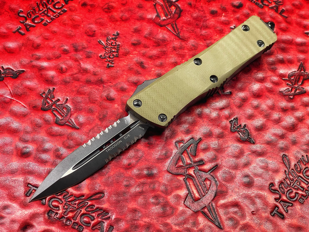 Microtech Troodon, Double Edge, Part Serrated, OD Green G10 Top, Signature Series, Double Action OTF Knife