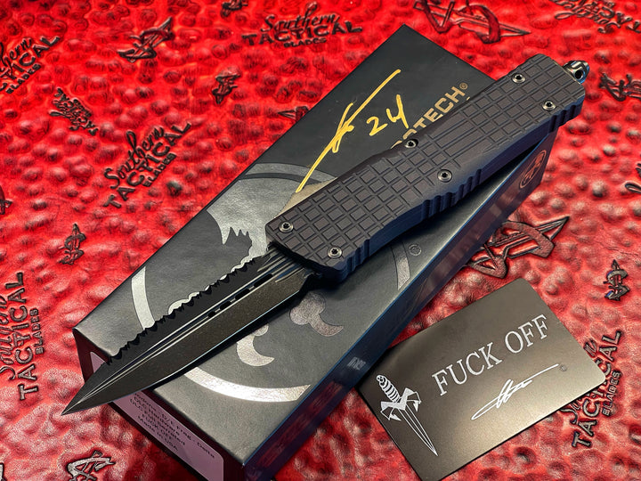 Microtech Knives, Combat Troodon Double Edge Frag Delta, Full serrated DLC, Nickel Boron Internals, DLC Torx Hardware, “Fuck Off” F/O (Family Only) pocket clip